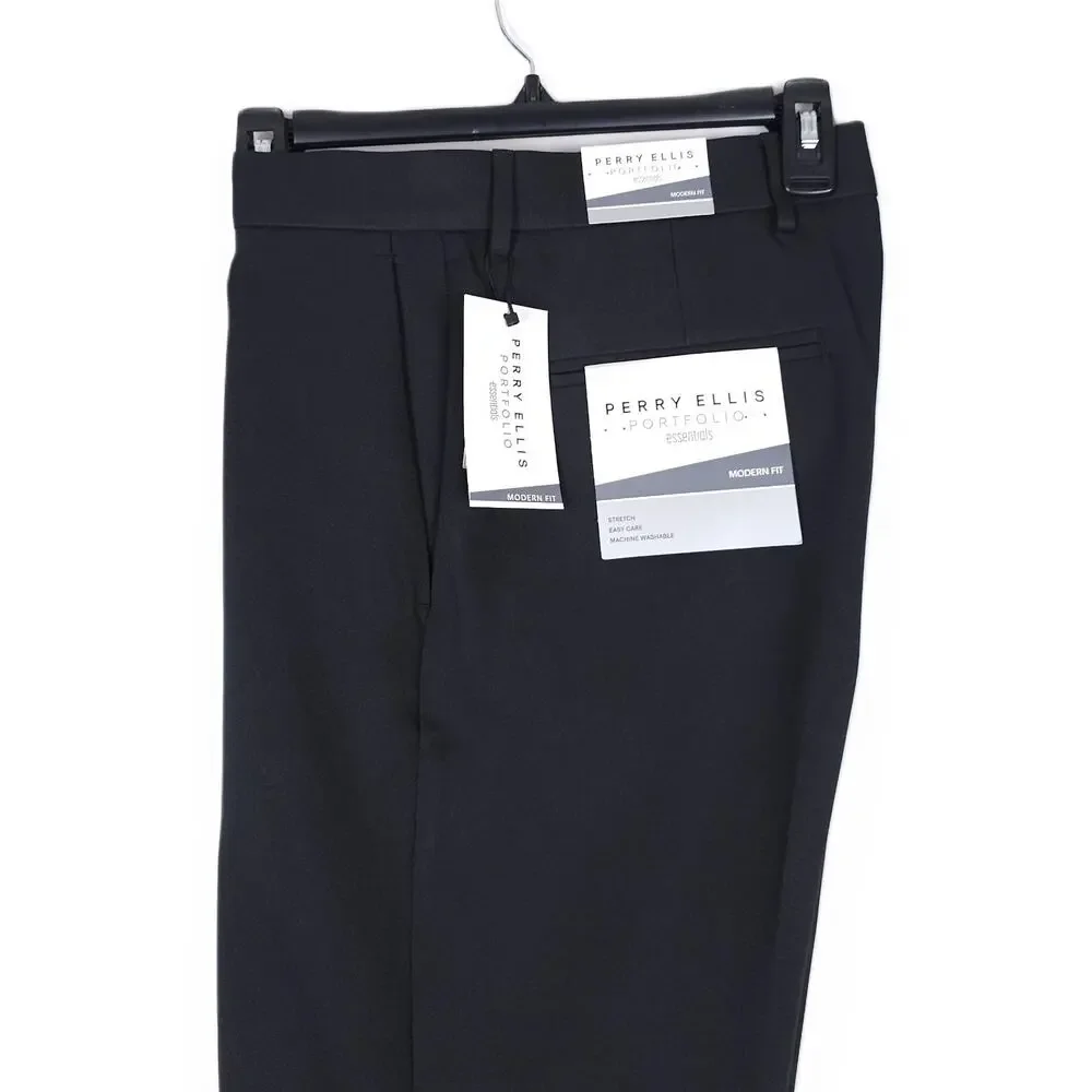 Perry Ellis Portfolio Mens Modern Fit Dress Pant 32x30 Black Solid Stretch Twill